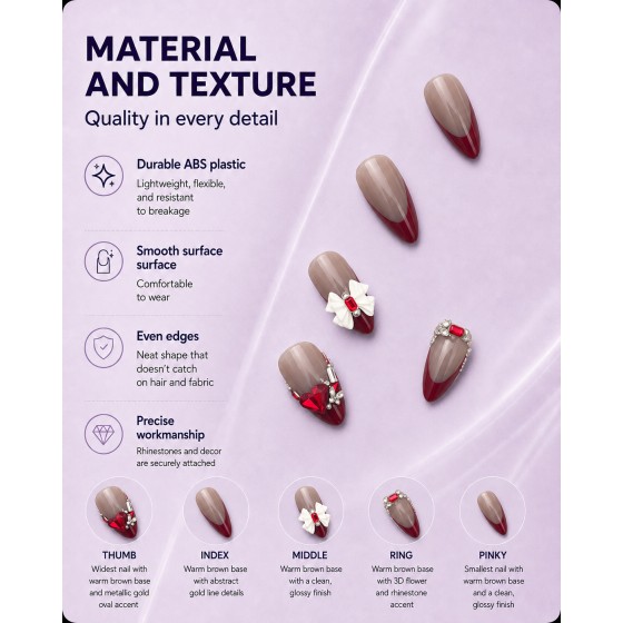 Nude‑Grey Wine‑Red French Almond Press‑On Nails, Sweet Cool False Nails with 3D White Bow & Red Heart Rhinestones
